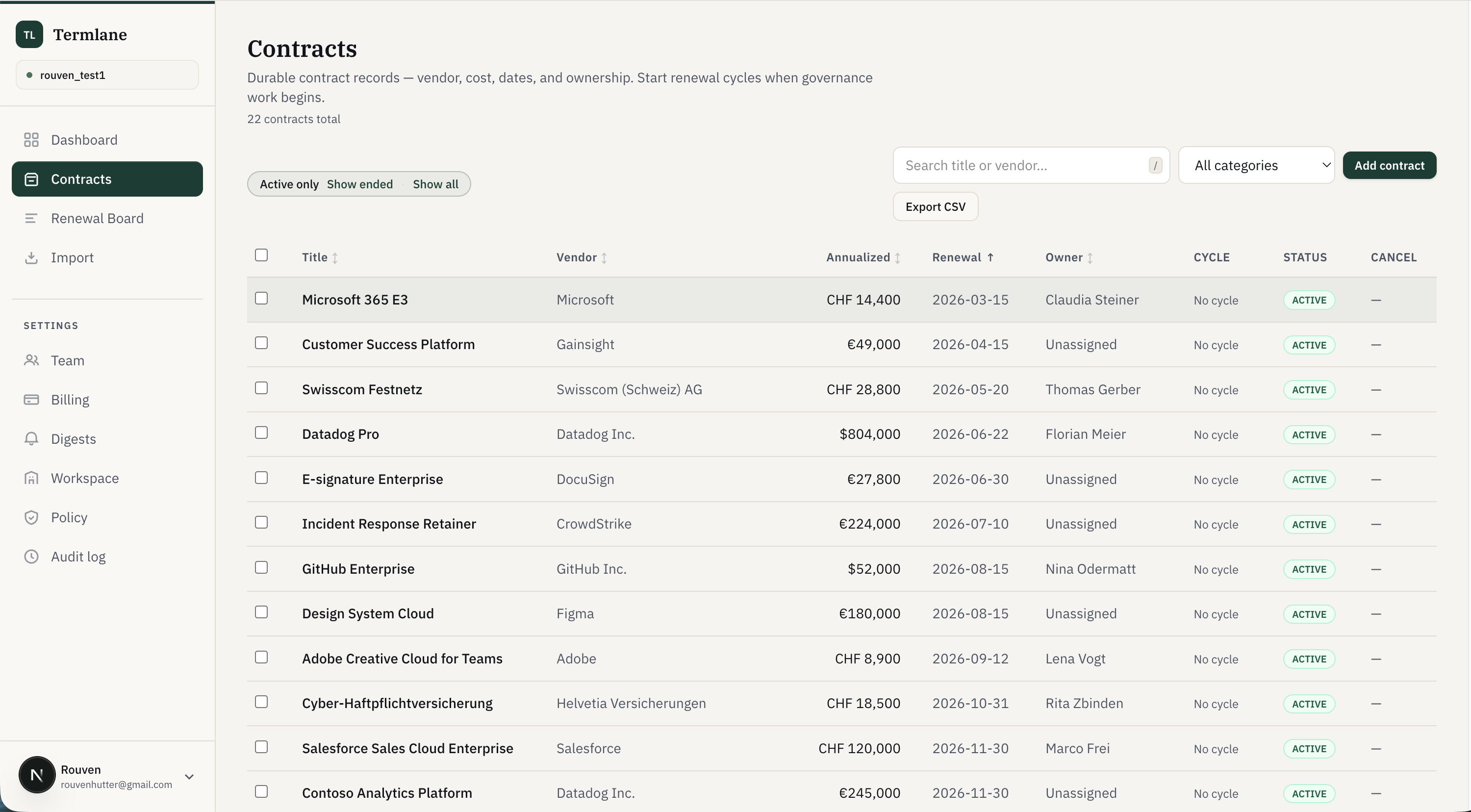Termlane contracts list — vendors, annualized spend, owners, and renewal dates