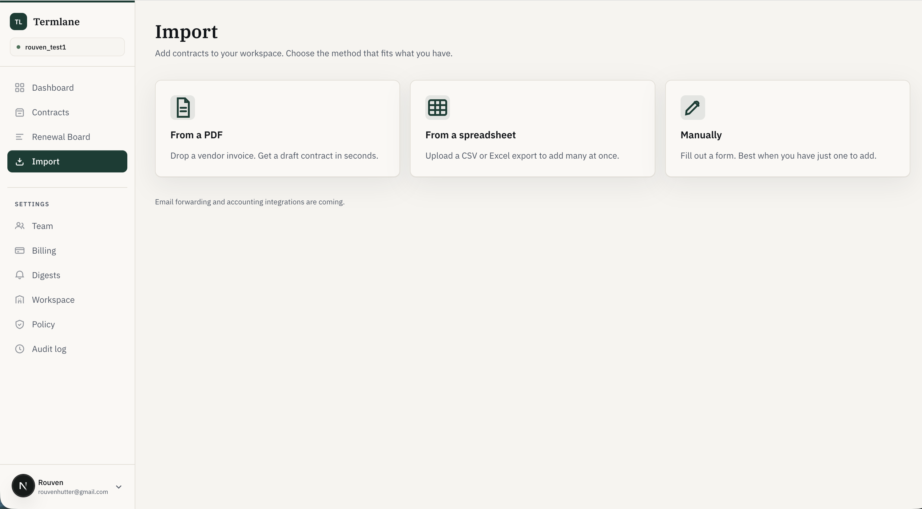 Termlane import — CSV, Excel, and PDF paths into structured contracts